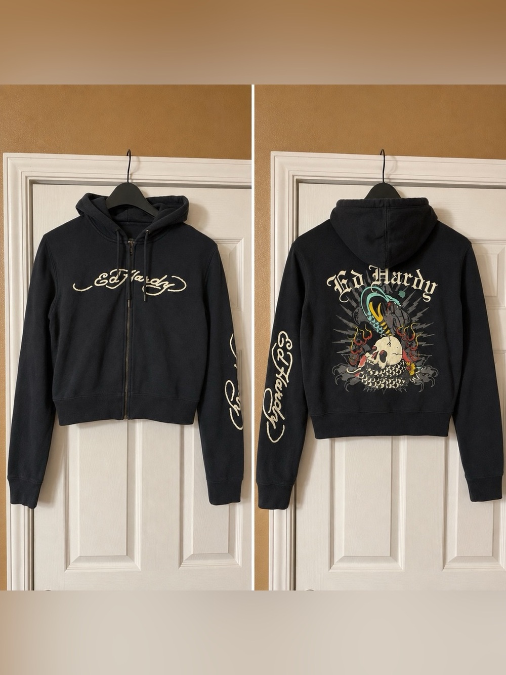 y2K Vintage cropped Ed Hardy Black Zipped Hoodie women’s Large